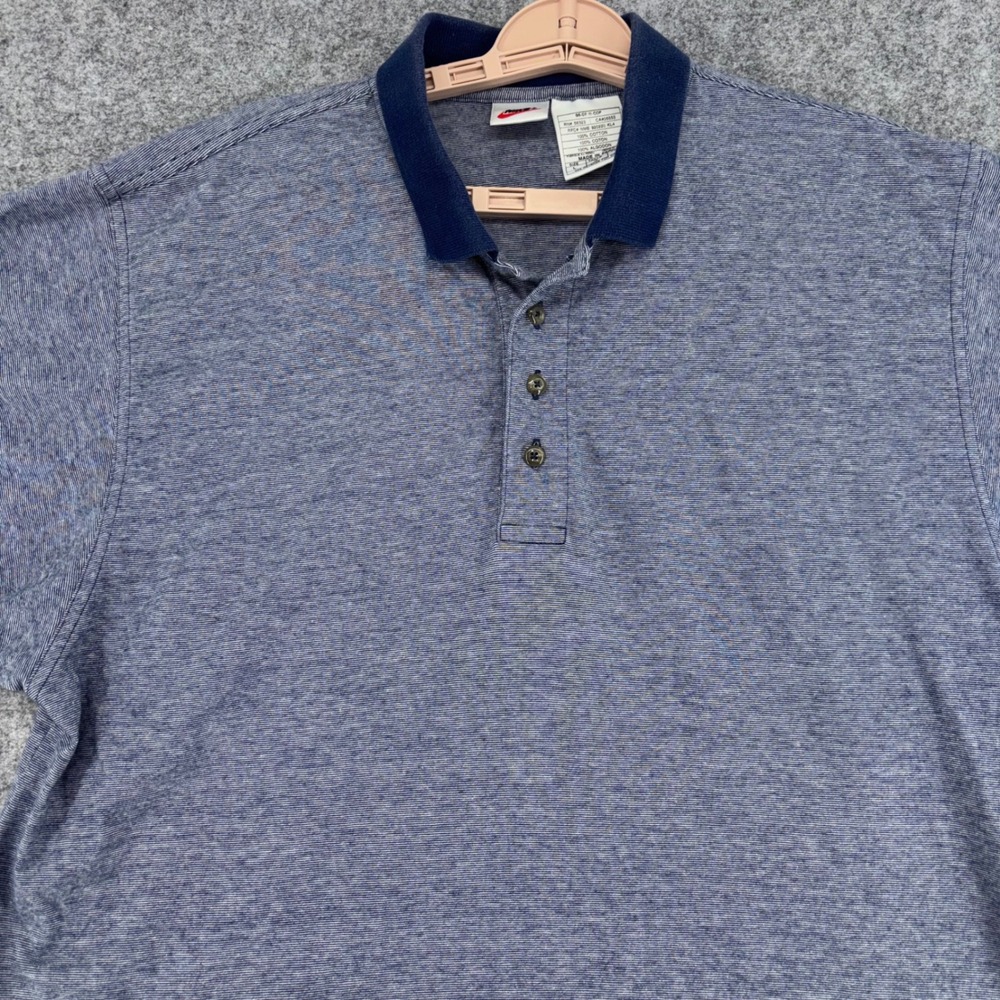 VTG Nike Men Blue White Striped Cotton Polo Shirt Large Short Sleeve Swoosh Logo